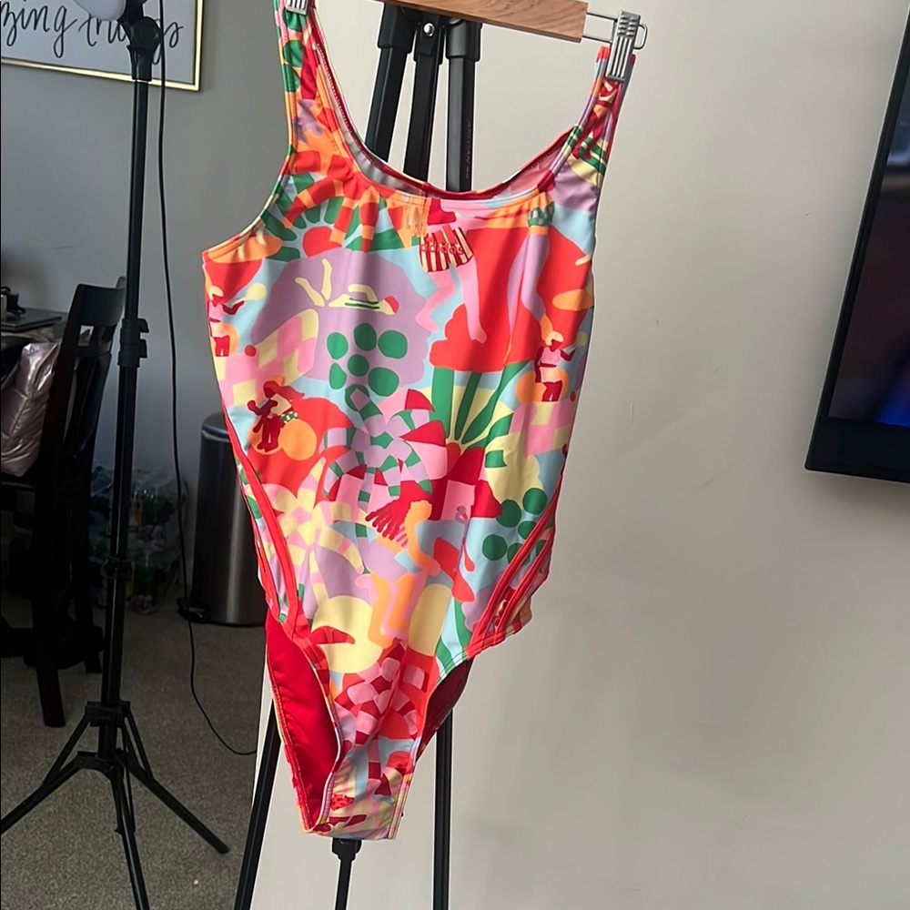 Adidas X Farm Rio Red and Pink One Piece Swimsuit Tropical Print